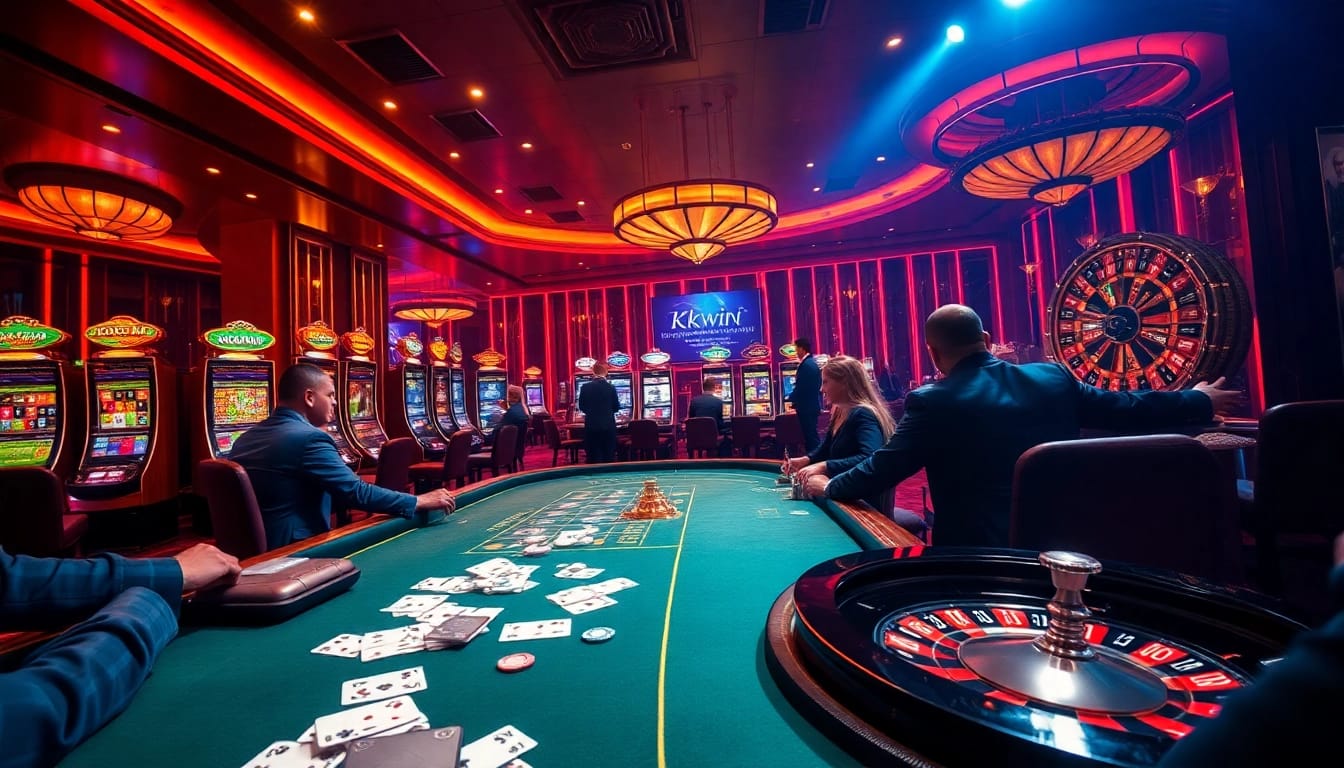 Kkwin players engaging at a lively poker table in a luxurious casino scene, showcasing excitement and strategy.