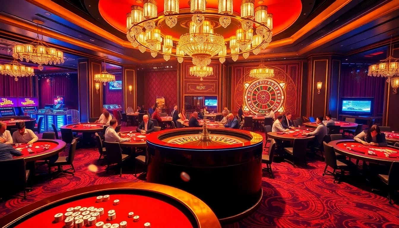 B52Club gamblers enjoying an exciting poker game in a lavish casino setting.