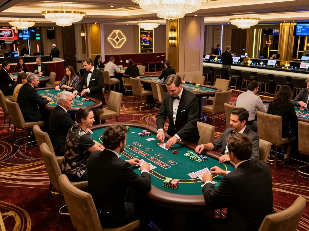 A vibrant casino scene showcasing players at a tables playing, embodying nhà cái uy tín atmosphere for responsible gambling.