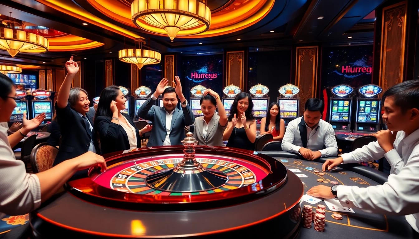 Players enjoying a thrilling casino experience at Nhà cái HU88, with vibrant roulette and poker games.