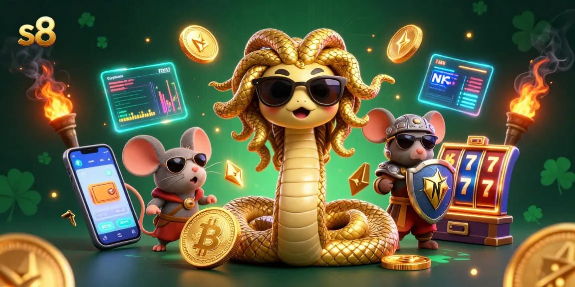 S8 enhances gaming experience with vibrant slot reels and animated characters in a rich casino scene.