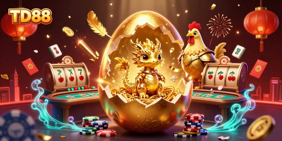 Experience the excitement of TD88's golden dragon revealing jackpot treasures amidst vibrant casino elements.