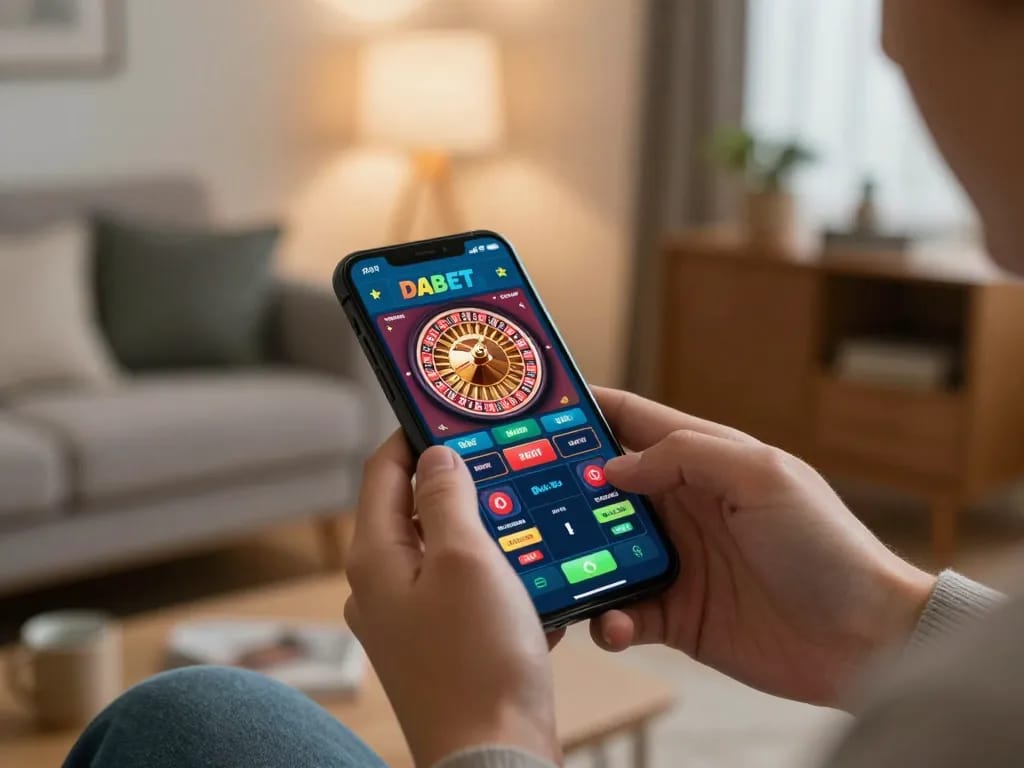 DABET mobile app showcases roulette gameplay, highlighting a player’s strategic betting in a cozy atmosphere