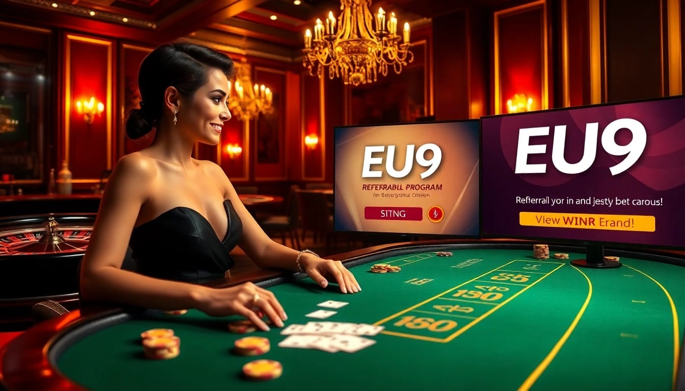 Engaged player at a luxurious casino showcasing the EU9 referral program, vibrant poker scene.