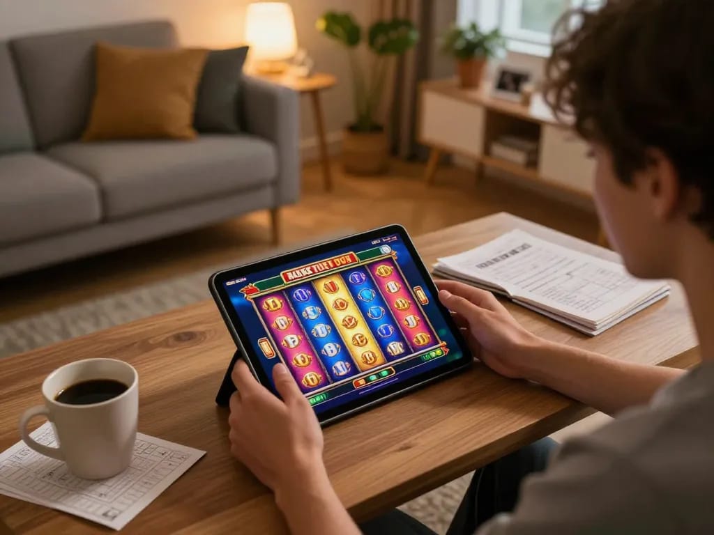 Engaging in online slots gaming at home, showcasing the excitement and strategy of vu88's platform