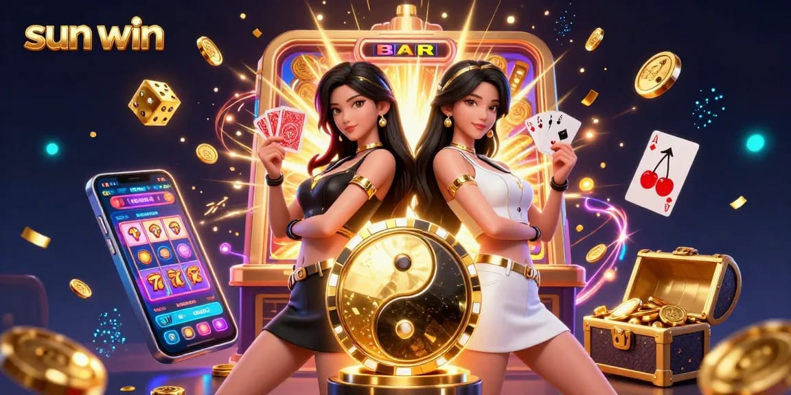 Experience thrilling plays at Sun Win with twin Asian women showcasing powerful card skills amidst a dynamic casino explosion.