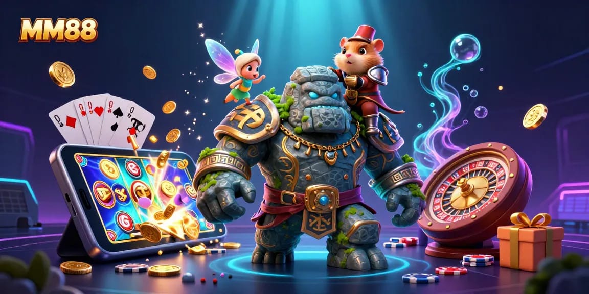 Spin to win with MM88 in a vibrant 3D casino illustration featuring a magical scene.