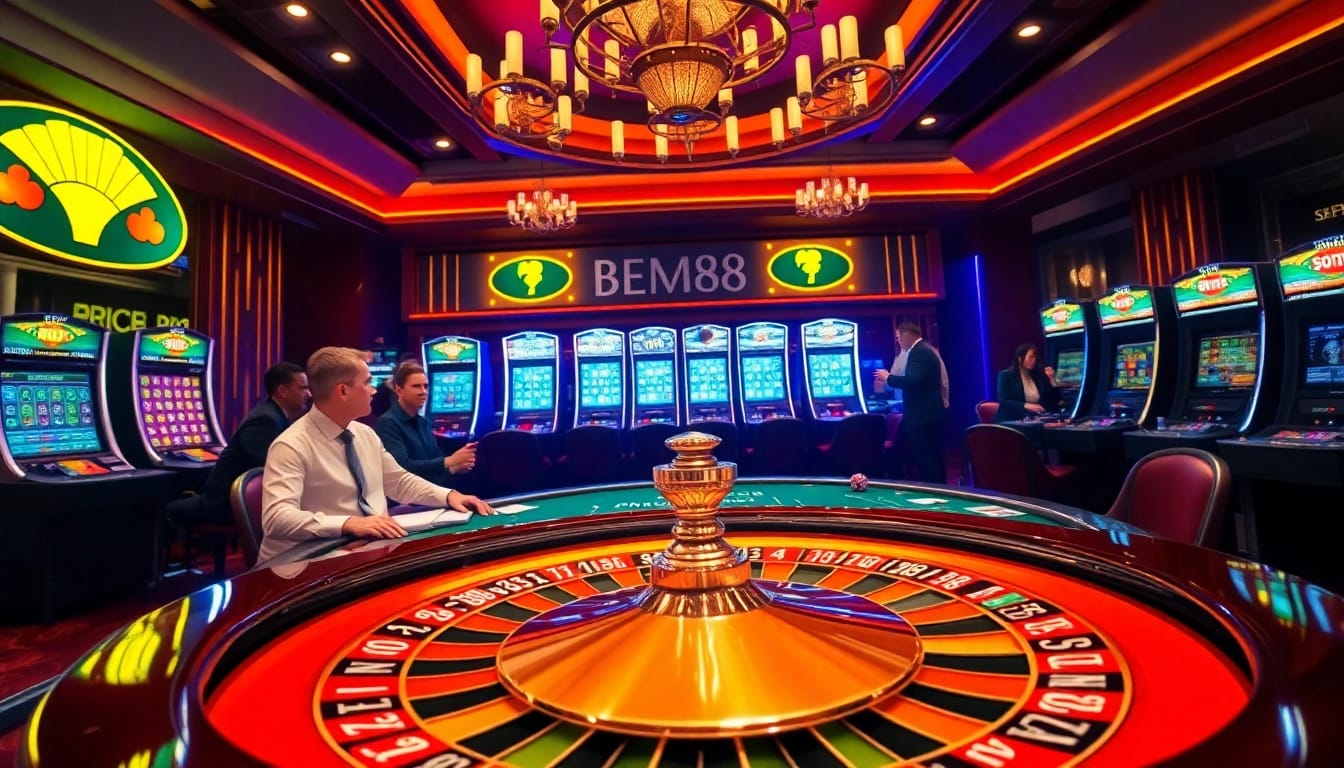 BEM88 players engaging at a glamorous casino roulette table, immersed in excitement and strategy.