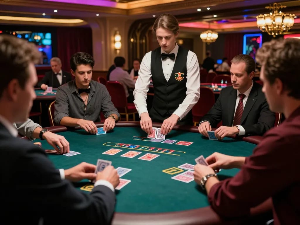 Engaged players strategizing in a luxury alo8 blackjack game at an upscale casino table