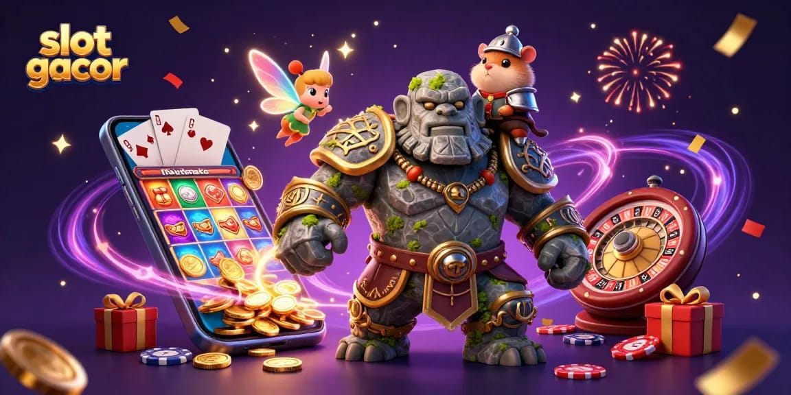 Experience thrilling slot gacor gameplay with a mystical golem, fairy, and hamster knight in this vibrant illustration.