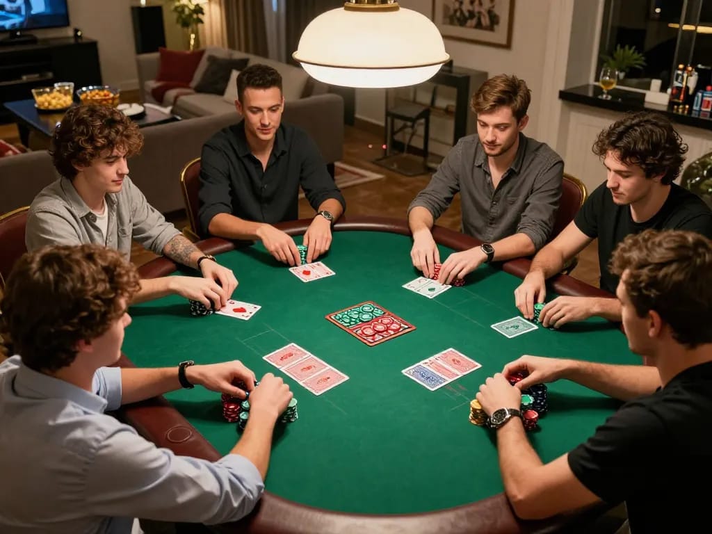 Players engaging in a live poker game at home, fly88 chips stacked, showcasing strategic gameplay.