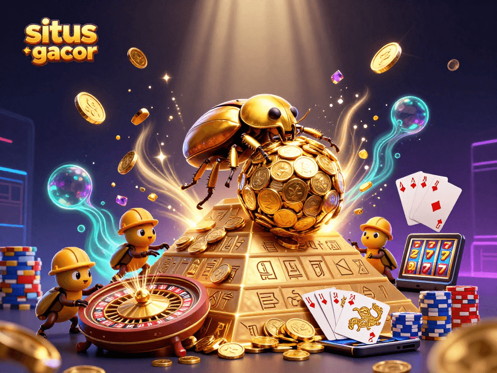 Experience the excitement of situs slot gacor with golden beetles and casino symbols in an engaging 3D illustration.