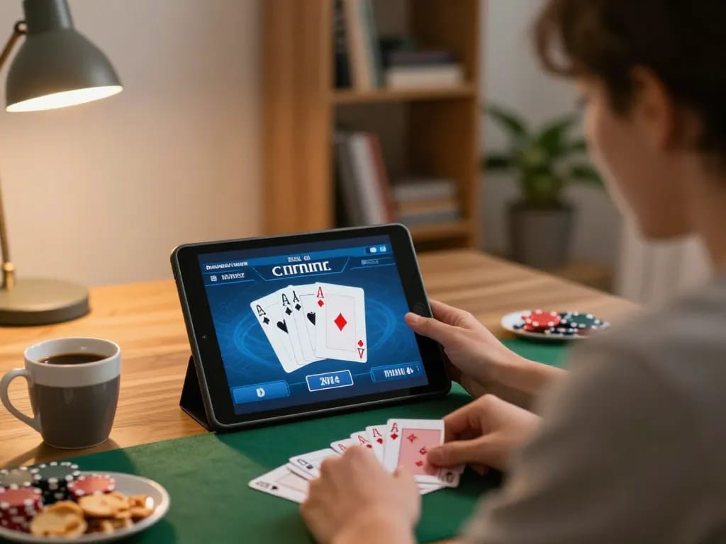 Engaging scene of online poker gameplay on tablet, emphasizing TR88 strategy and focus
