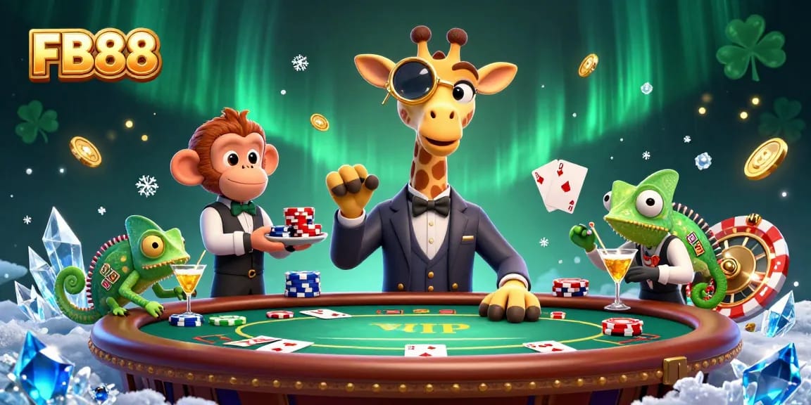 Experience the excitement of FB88 with a high-roller giraffe at a poker table amidst dynamic casino elements.