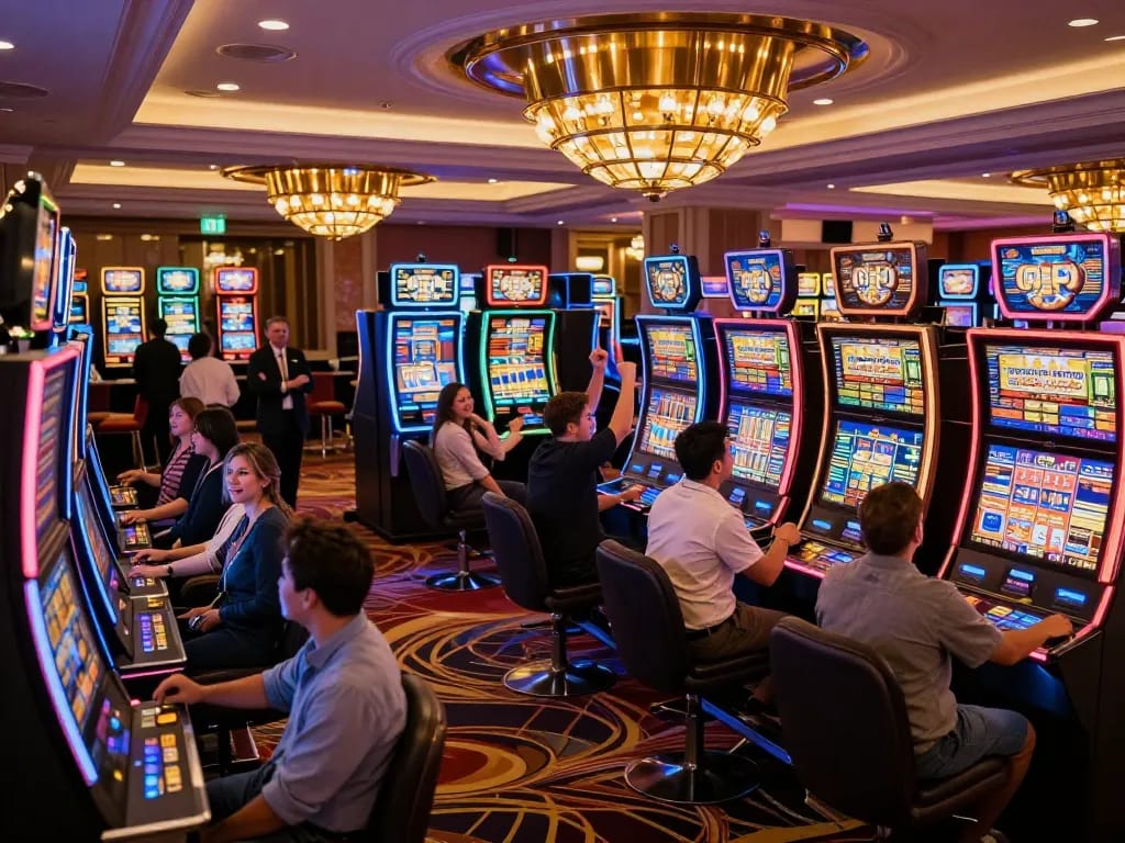 Players enjoy diverse slot machines at iwin's vibrant casino, highlighting excitement and entertainment.