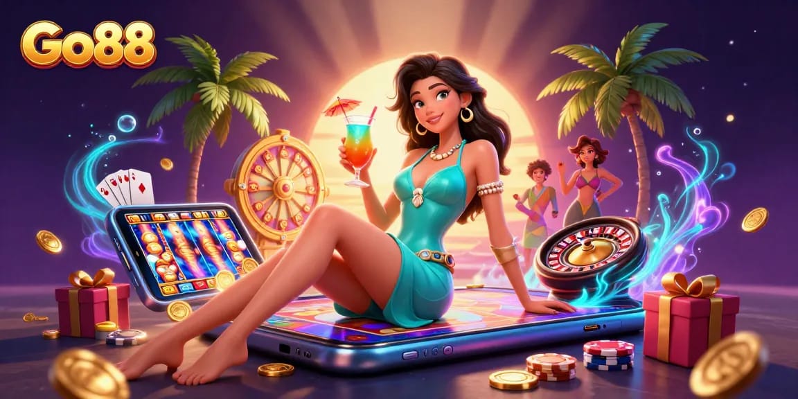 Engage with Go88's vibrant casino games showcased by a glamorous character in a beach setting.