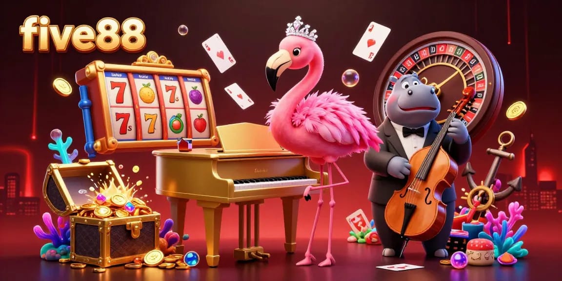 Experience the vibrant excitement of five88 with a 3D illustration showcasing lively casino characters and thrilling game elements.