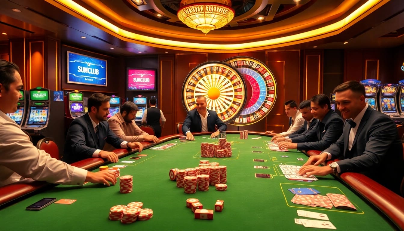 Experience the thrill of winning at Sumclub with vibrant poker chips and illuminated casino tables.