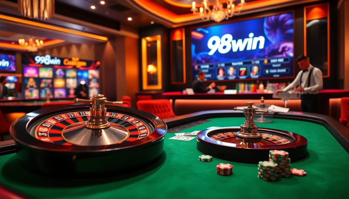 Exciting casino atmosphere with 98win logo, roulette wheel, and vibrant poker chips.