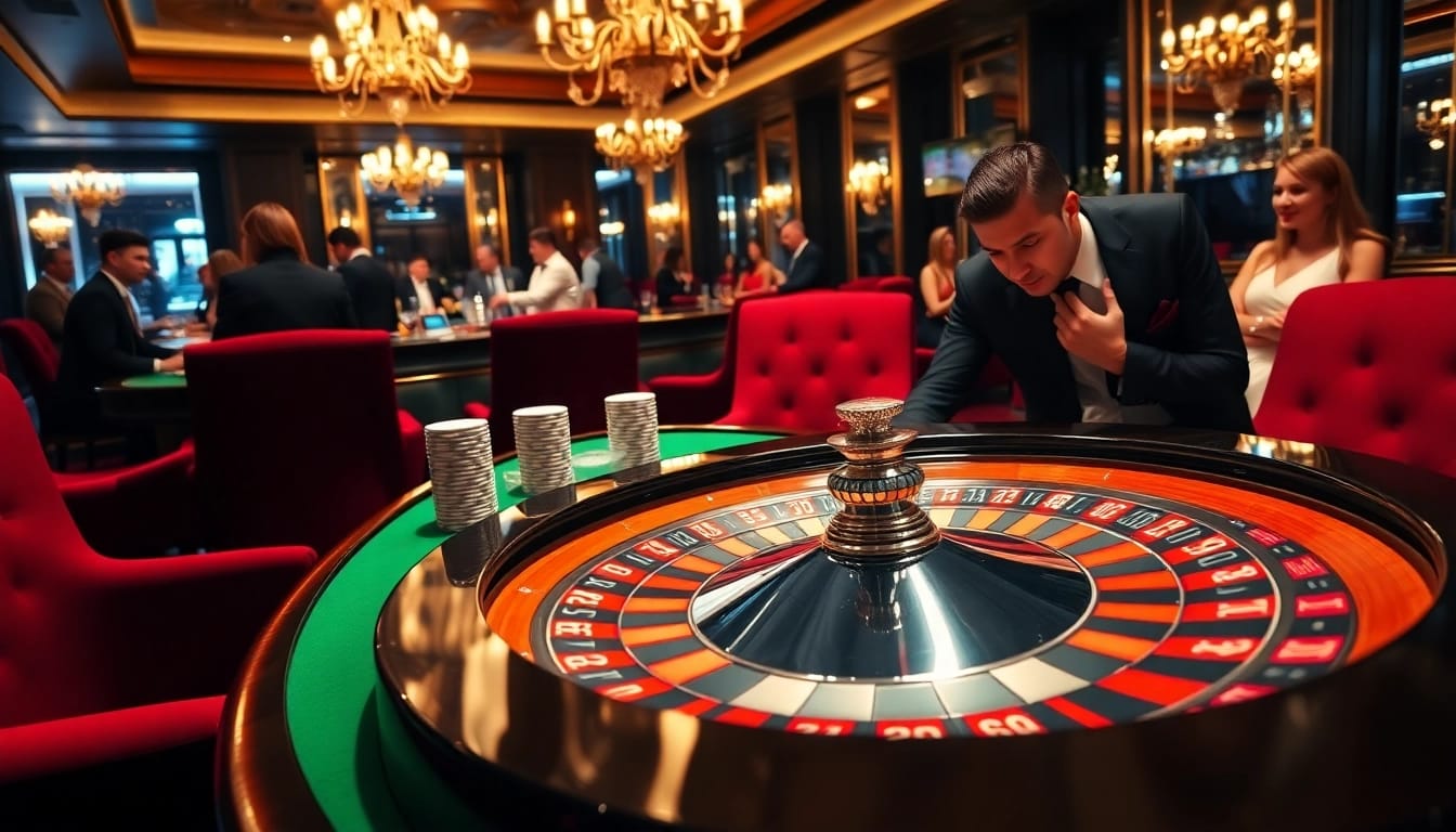 Experience the thrill at https://oxbet7.com/ with a luxurious casino scene featuring a vibrant roulette wheel.
