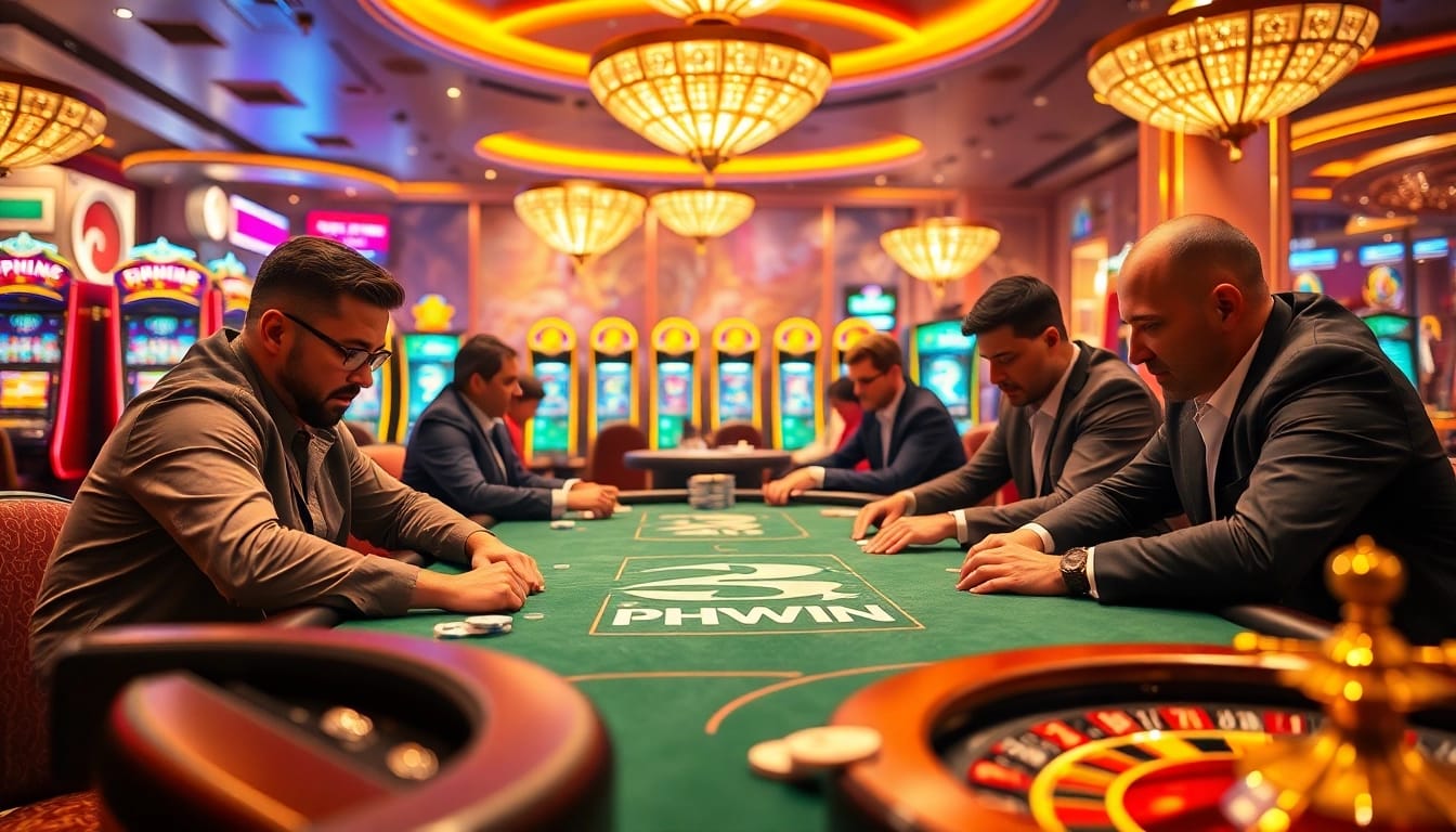 Players at a PHWIN poker table strategizing their next move in an exciting casino atmosphere.