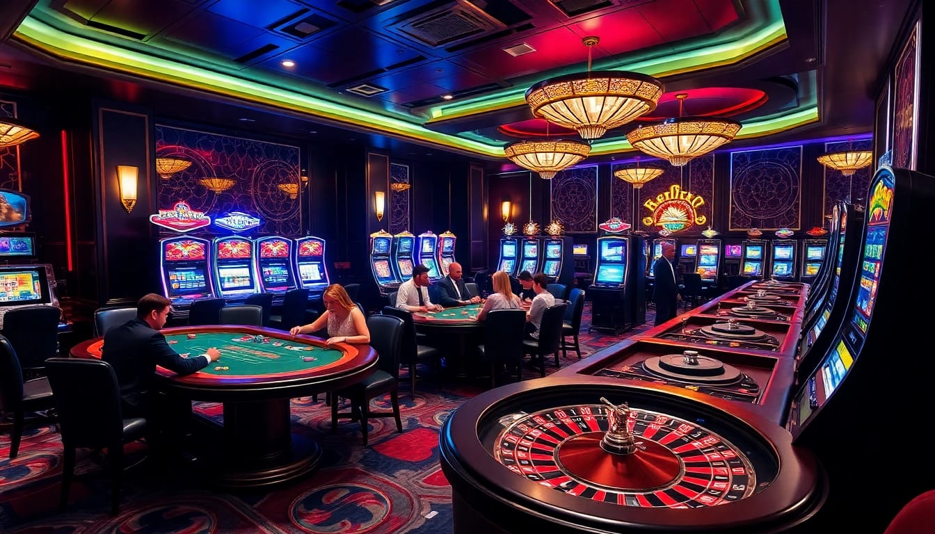 Engage in high-stakes gaming at LC88, featuring poker tables and slot machines.