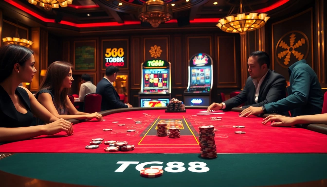 Experience the thrill of winning at TG88 in a luxurious casino setting with vibrant tables and excited players.