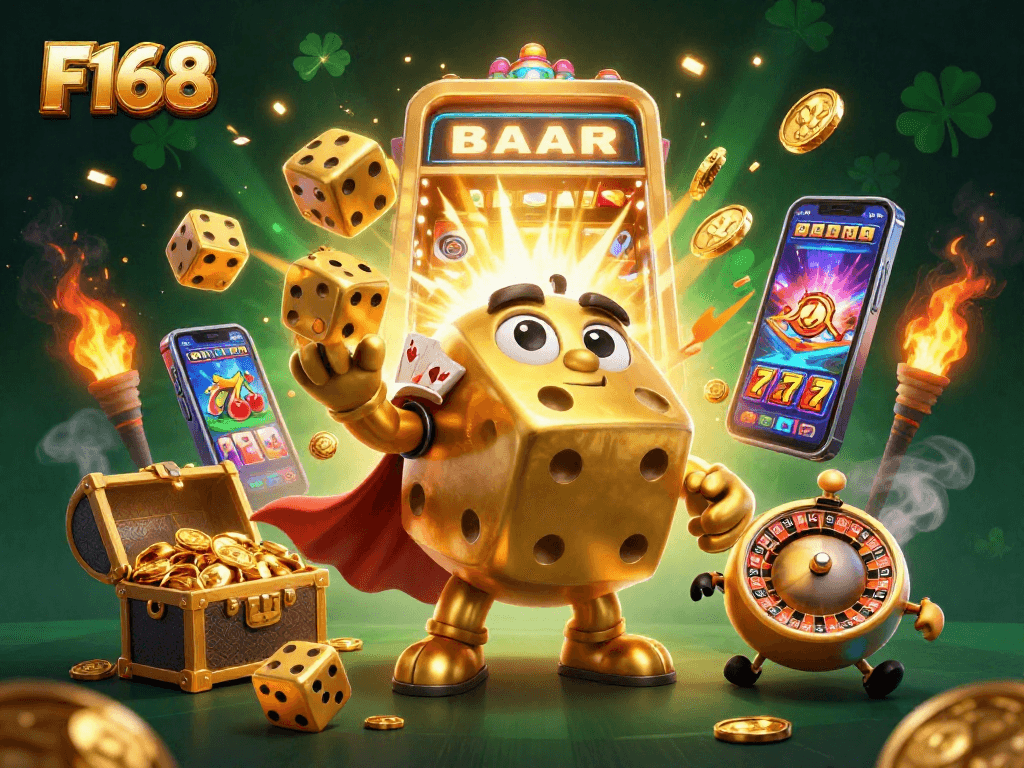 Experience the thrill of F168 casino with dynamic characters and exciting game elements in a vibrant scene.