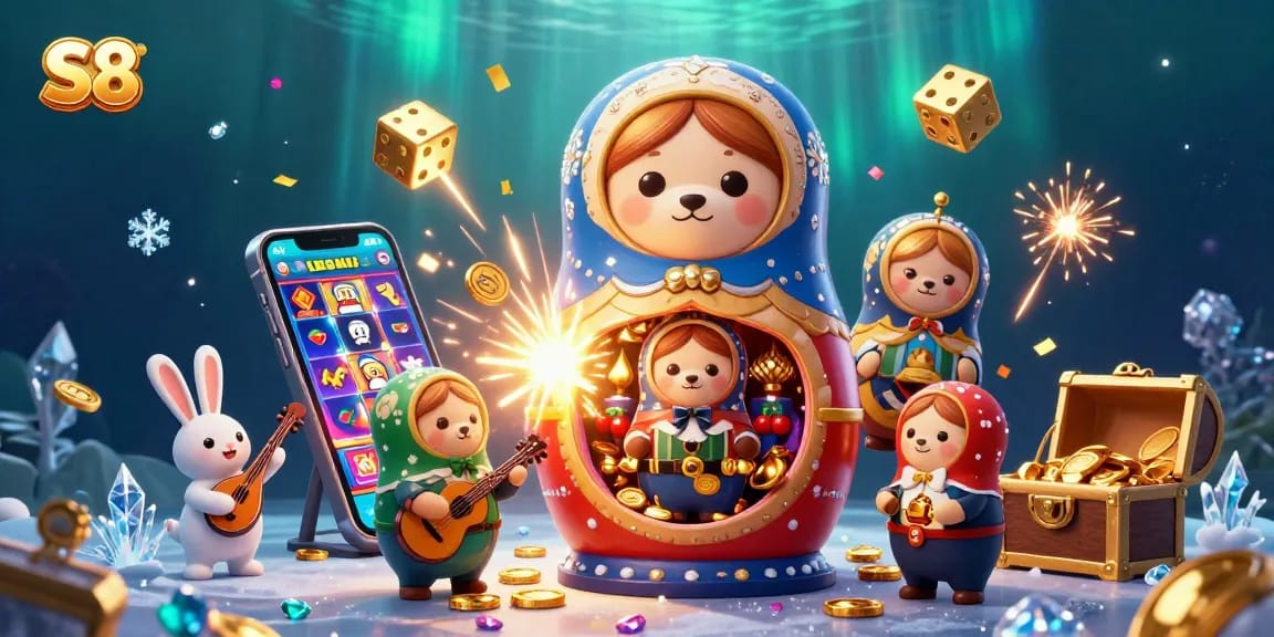 S8 showcases a vibrant 3D casino scene with adorable Matryoshka bears, dynamic slot elements, and rich gold textures, enhancing your gaming experience.