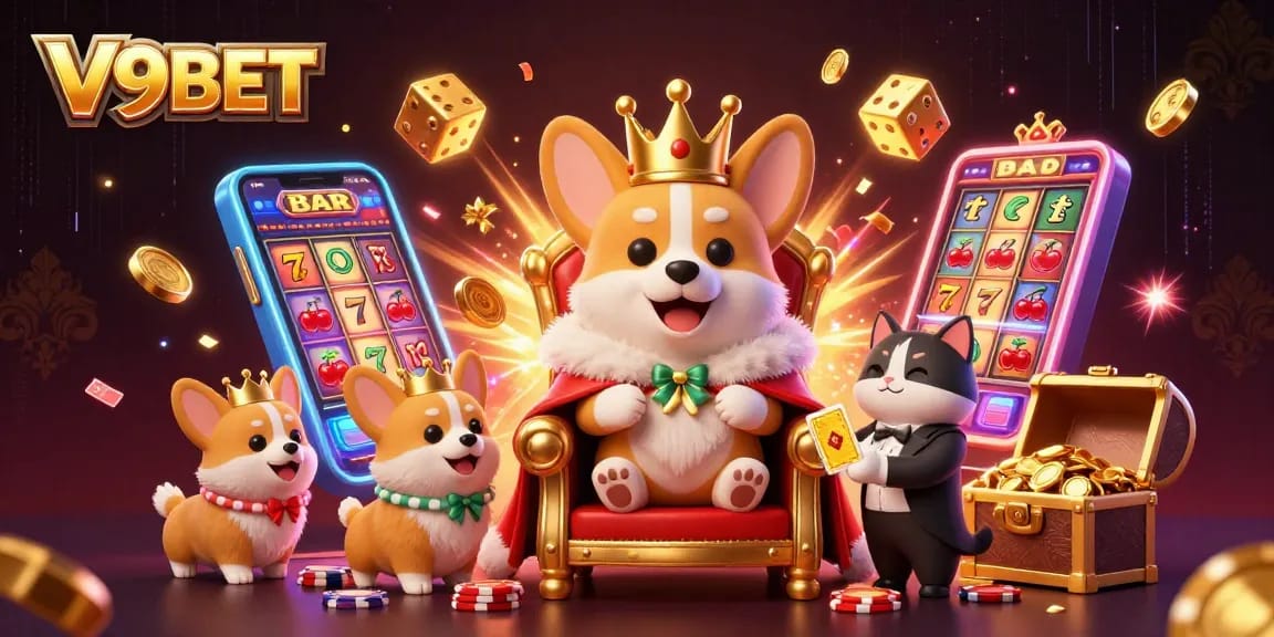 Experience the thrill of V9BET with vibrant 3D casino art showcasing slot machines and exciting game elements.