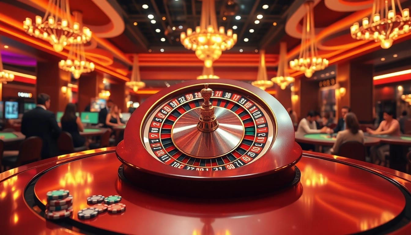 Engaging scene of RR88 Casino with vibrant gaming tables and roulette wheel lighting.