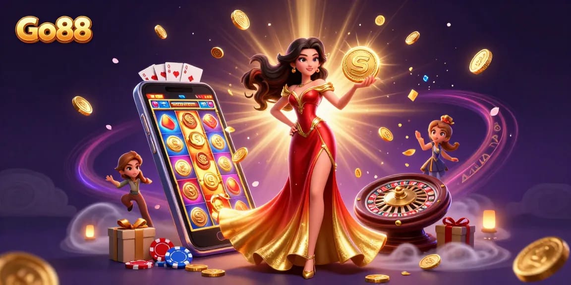Experience the thrill of Go88 as a stunning Asian woman holds a golden coin amidst a cascade of riches.