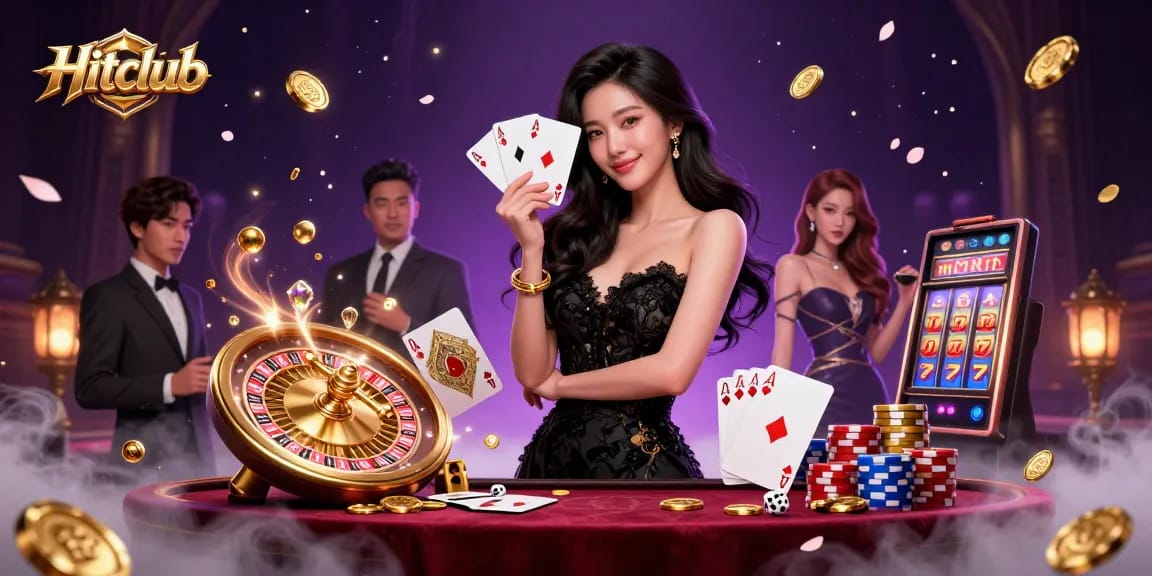 Hitclub features an elegant Asian woman fanning ace cards in a vibrant casino scene filled with sparkling gems and dynamic elements.