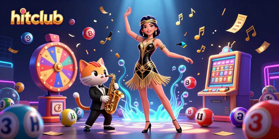 Join the fun at hitclub with vibrant lottery balls and lively casino scenes!
