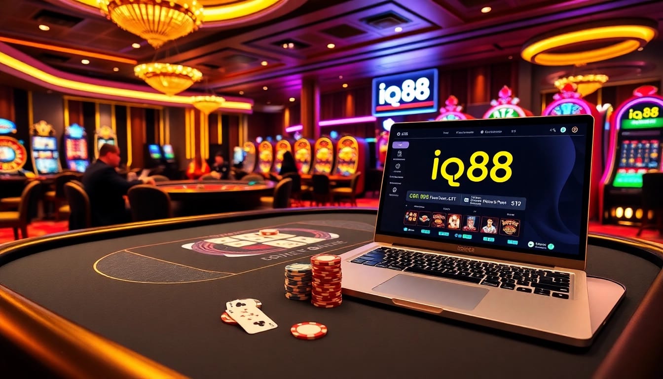 Experience the excitement of iq88 with a vibrant casino scene featuring poker, roulette, and slot machines.