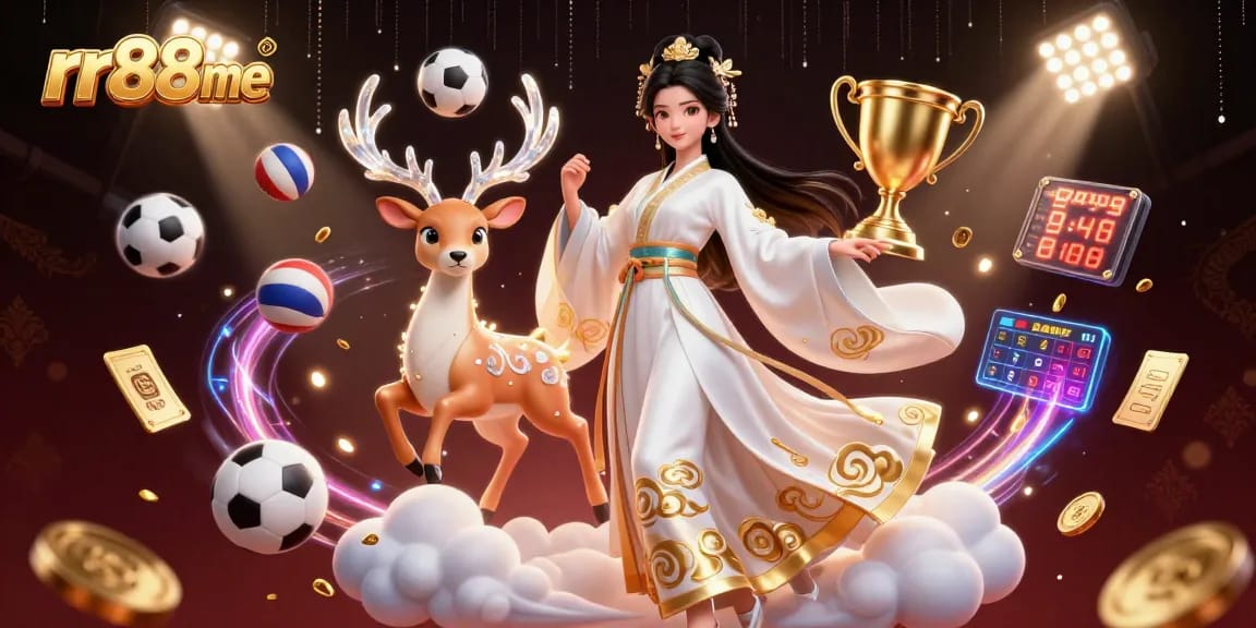 Experience casino excitement with rr88me as a beautiful Asian woman in hanfu interacts with sports elements.