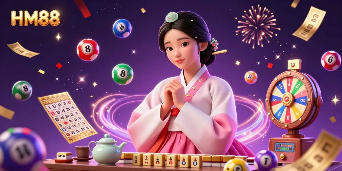 HM88 showcases a serene Asian woman in traditional attire alongside dynamic gambling elements such as colorful lottery balls and golden bingo cards.