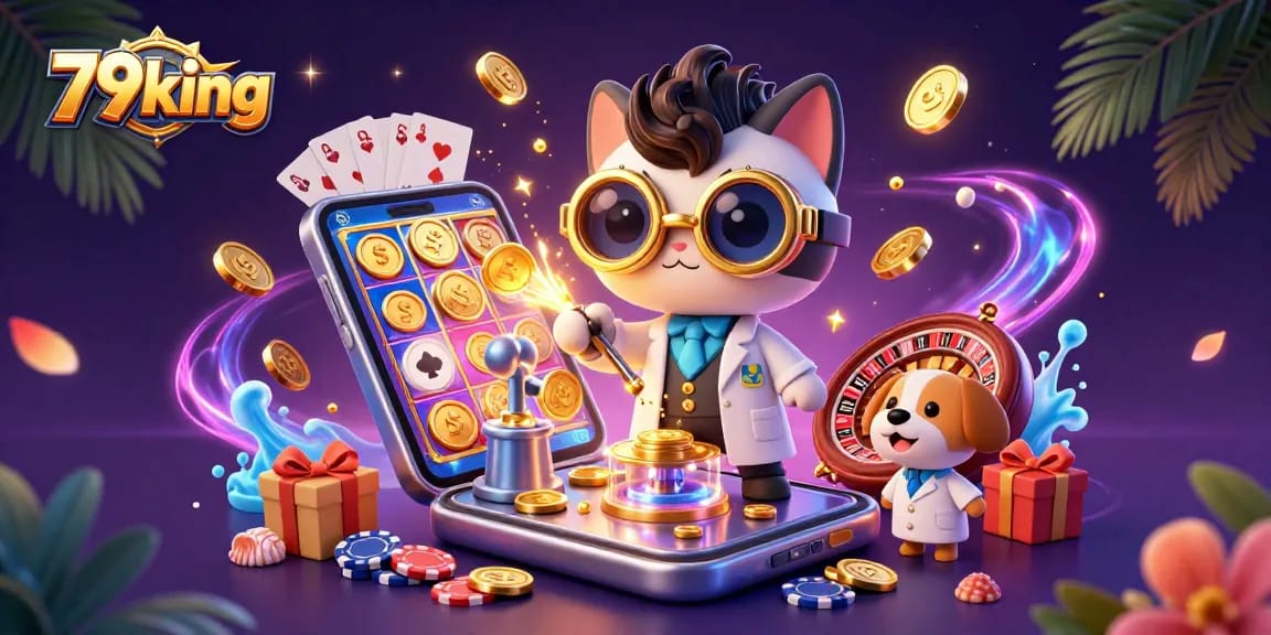 Exciting 79king gaming scene with a mad scientist cat, dog assistant, and dynamic casino elements.