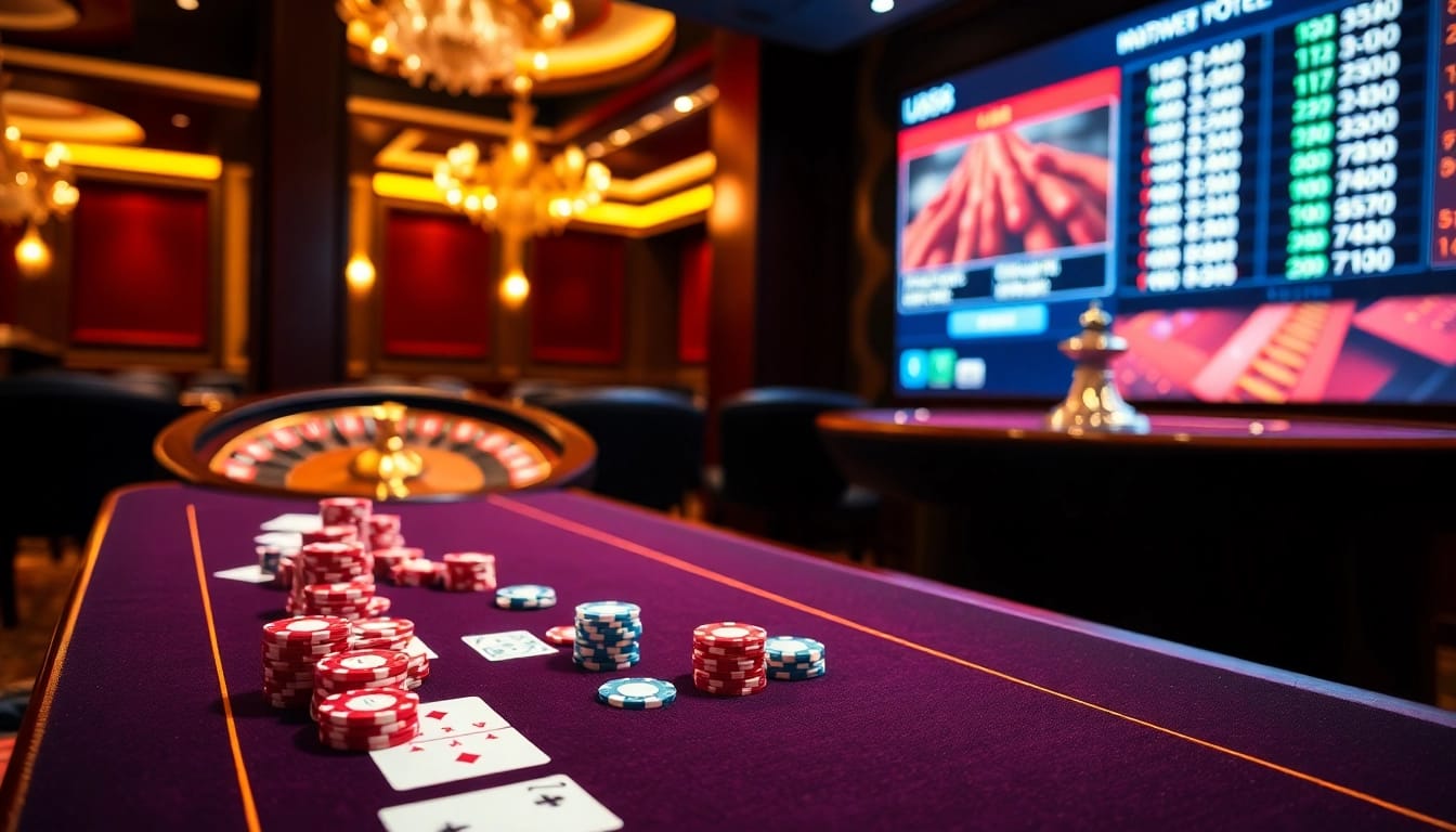 Experience the excitement of U888's luxury casino with vibrant gaming tables and chips.