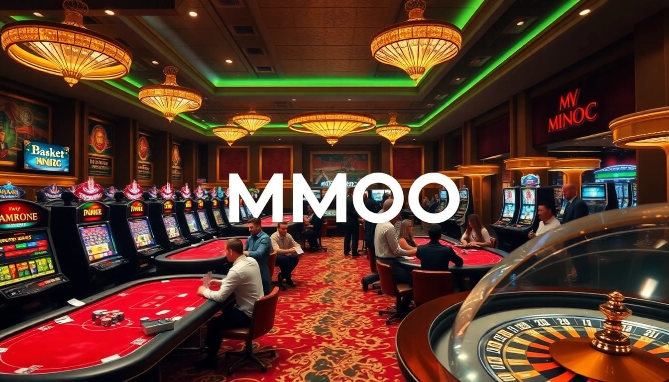 MMOO engaging casino atmosphere with players at poker tables, slot machines, and a roulette wheel.