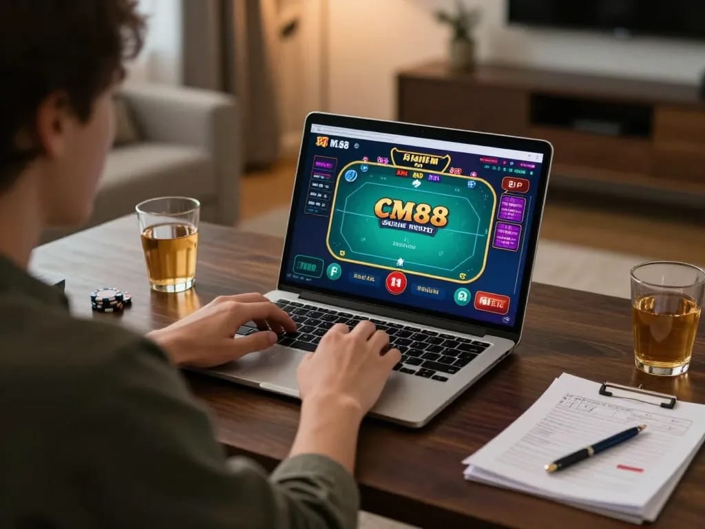 Engaging with cm88 online poker gameplay at home, showcasing strategic gaming atmosphere.