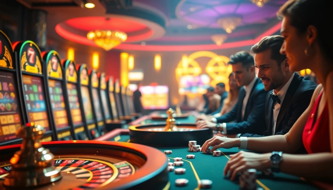 Experience thrilling gaming action at 69vn with vibrant slot machines and a lively roulette wheel.