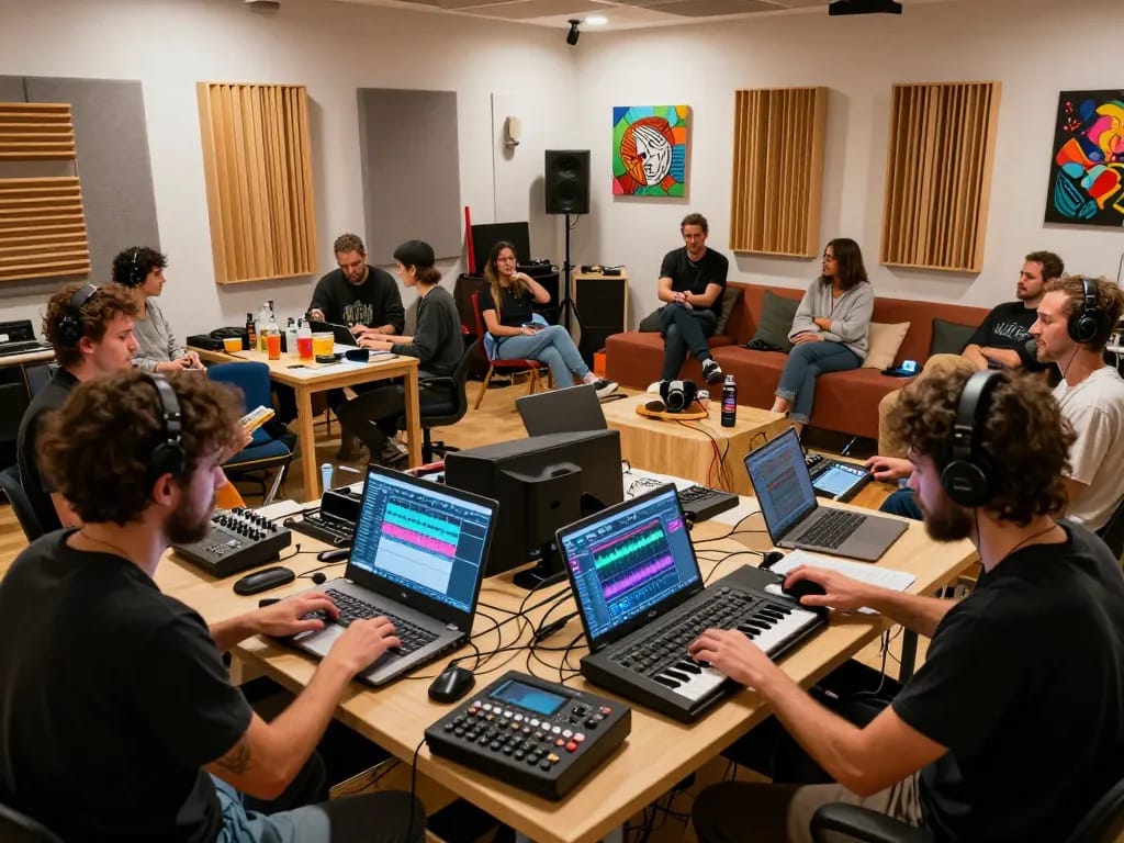 8Day electronic music collaboration in vibrant arts venue with musicians and equipment.