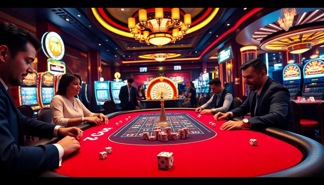 Players engage intensely at a luxurious casino table, showcasing 7M thrilling poker action with vibrant chips and cards.