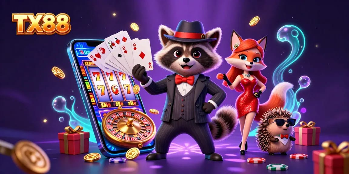 Win big with TX88 in an exciting slot game featuring colorful characters, vibrant casino elements, and dynamic action.