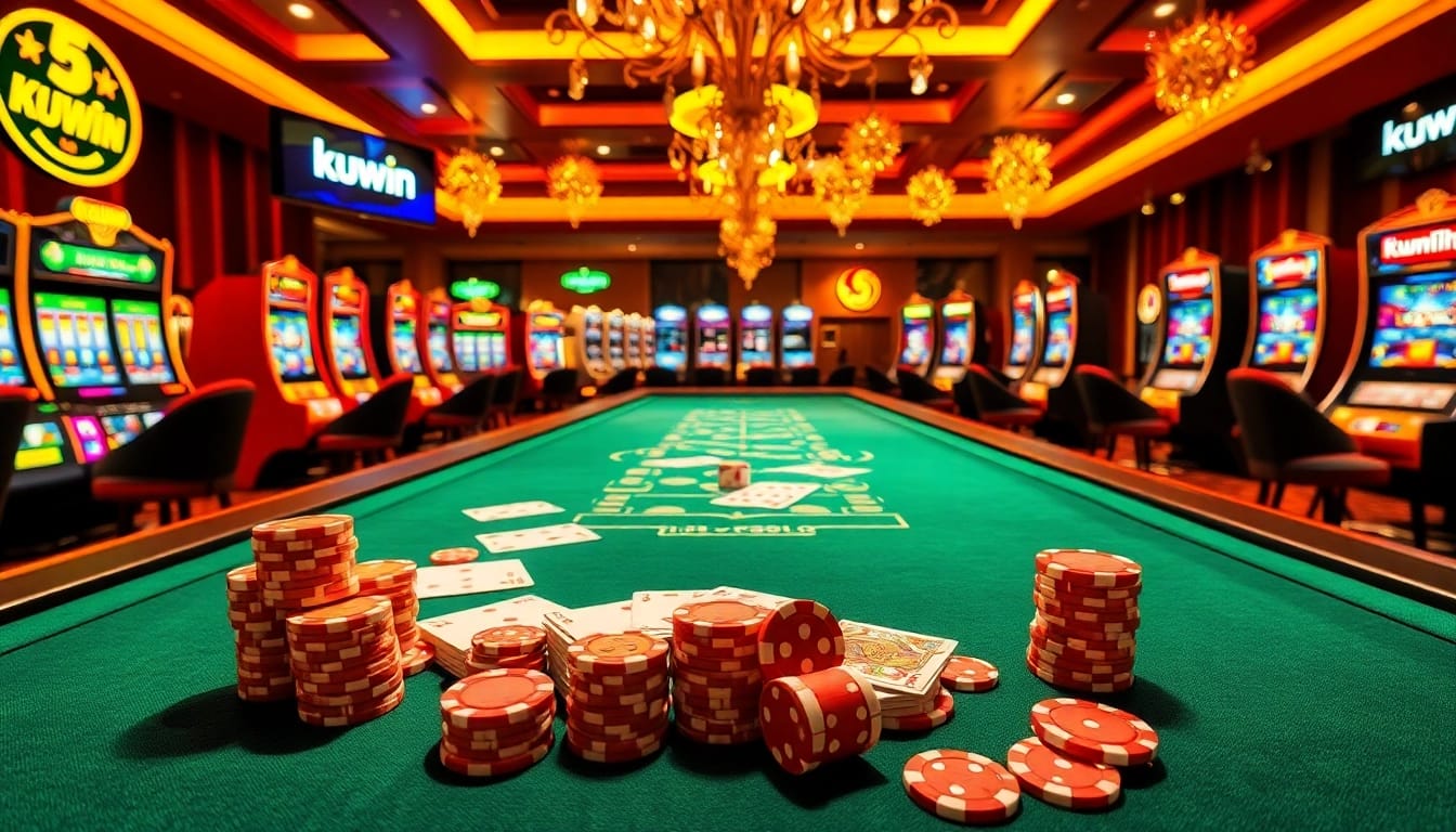 Kuwin's casino table showcasing exciting poker games with vibrant chips and cards.