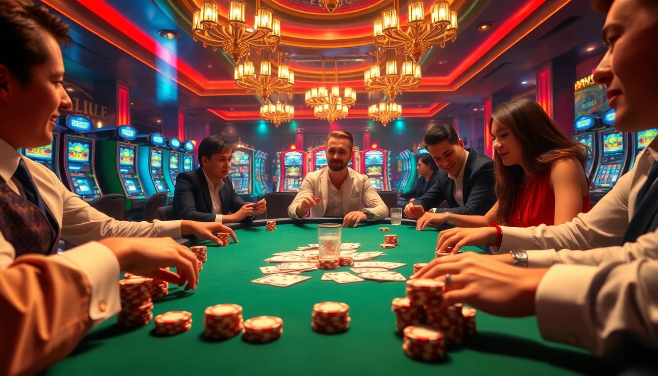 Hit club players enjoy an exciting poker game surrounded by vibrant casino elements and glamorous decor.
