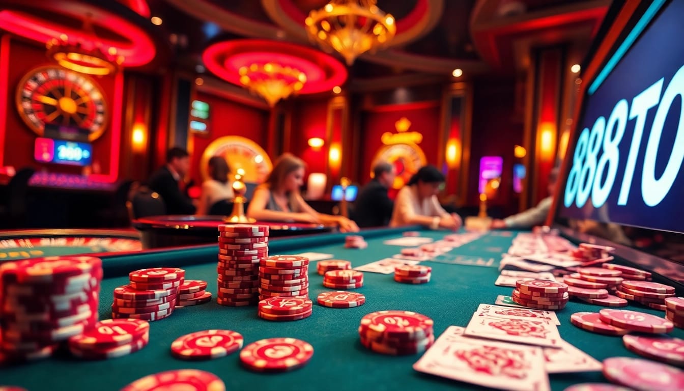 Poker players engaged in a high-stakes game with chips and cards at 888TO casino.