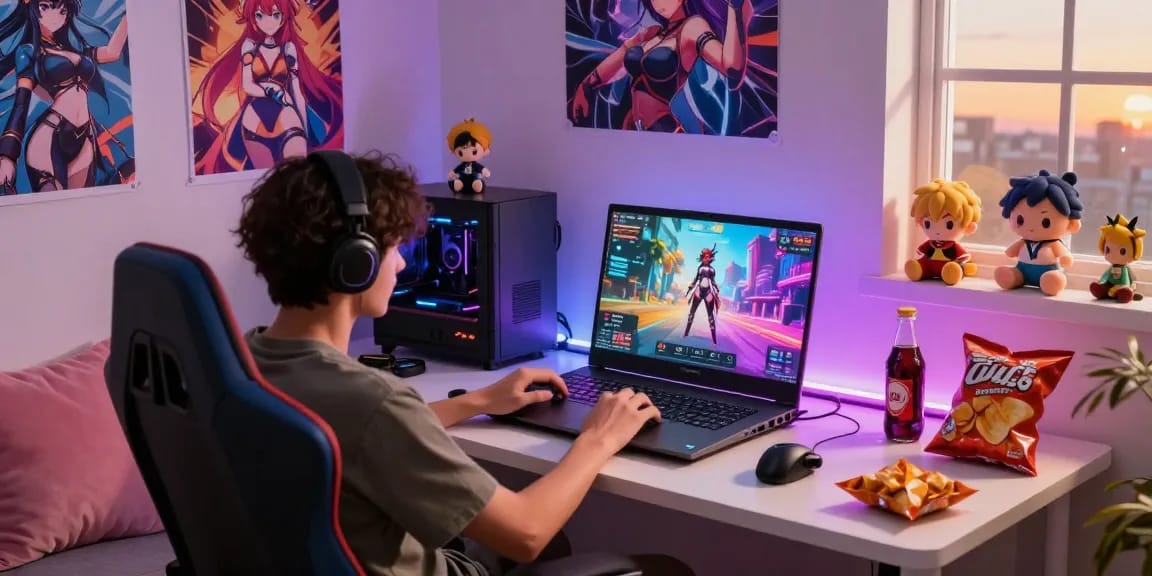 Engaged gamer playing AI hentai games in a vibrant gaming setup with colorful decor.