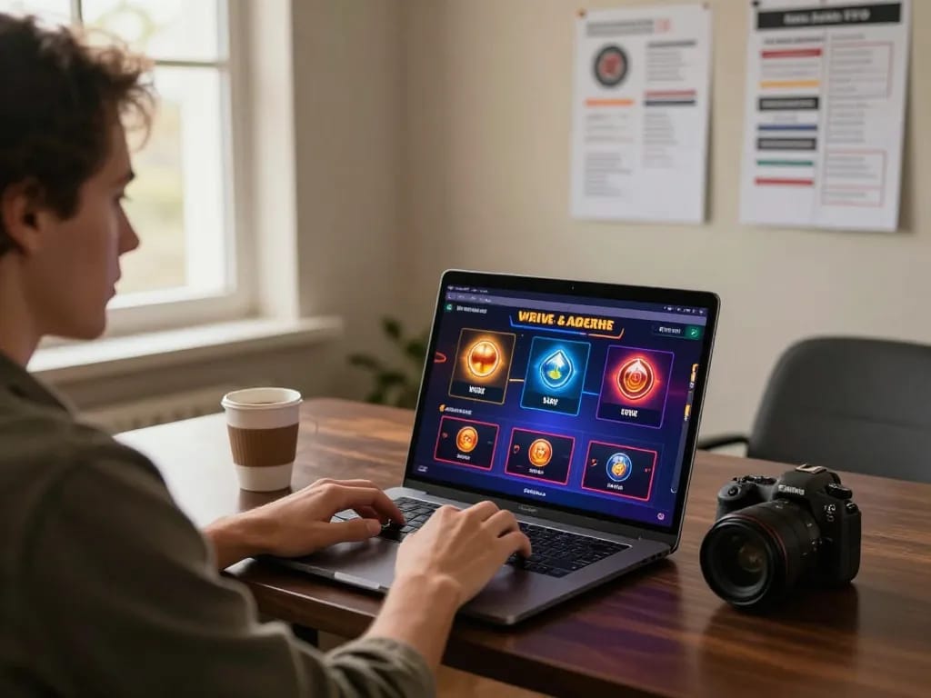Player engaging with luck8 online casino on stylish laptop during cozy gaming session.